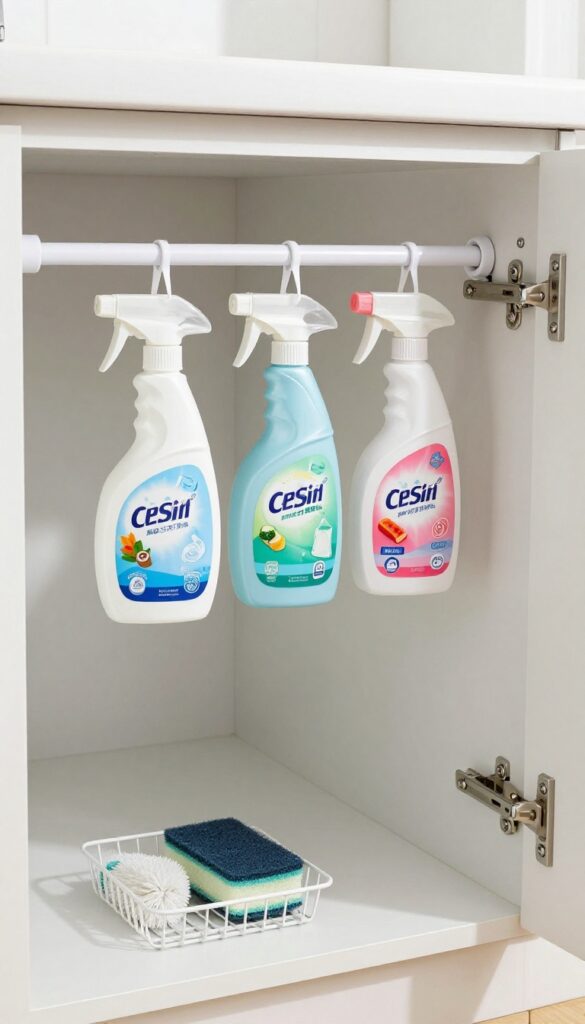Under-sink cabinet with tension rod holding spray bottles upside down, organized cleaning supplies.