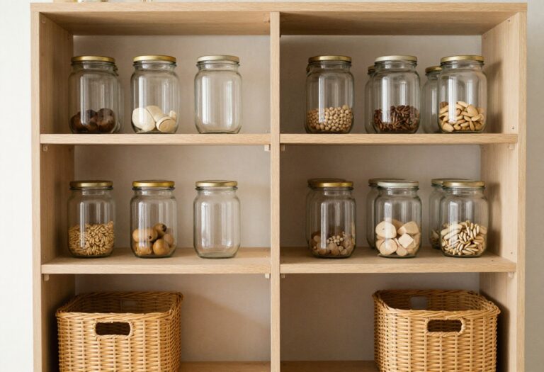 A warm and cozy pantry with organized glass jars, woven baskets, and tiered shelves.