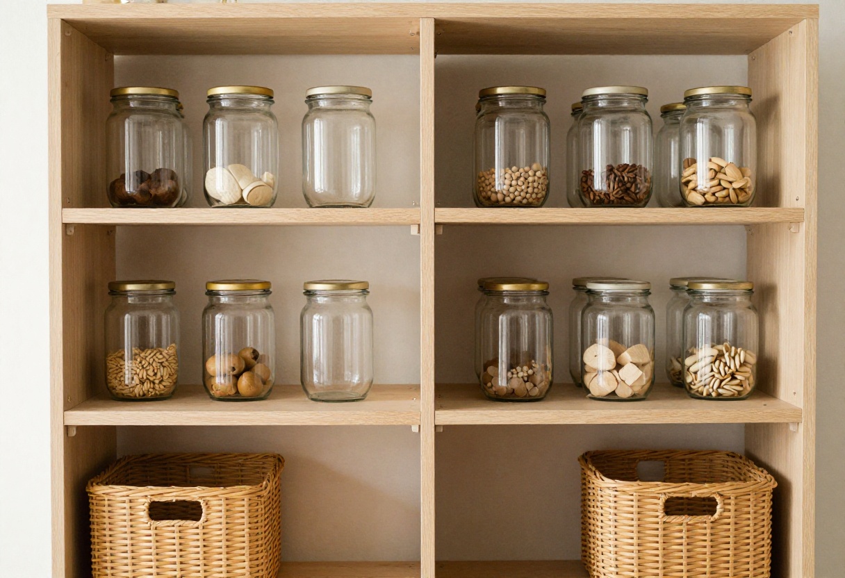 A warm and cozy pantry with organized glass jars, woven baskets, and tiered shelves.
