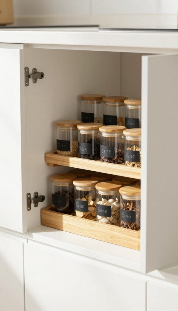 Open kitchen cabinet with tiered spice rack inside, displaying neatly labeled glass jars.
