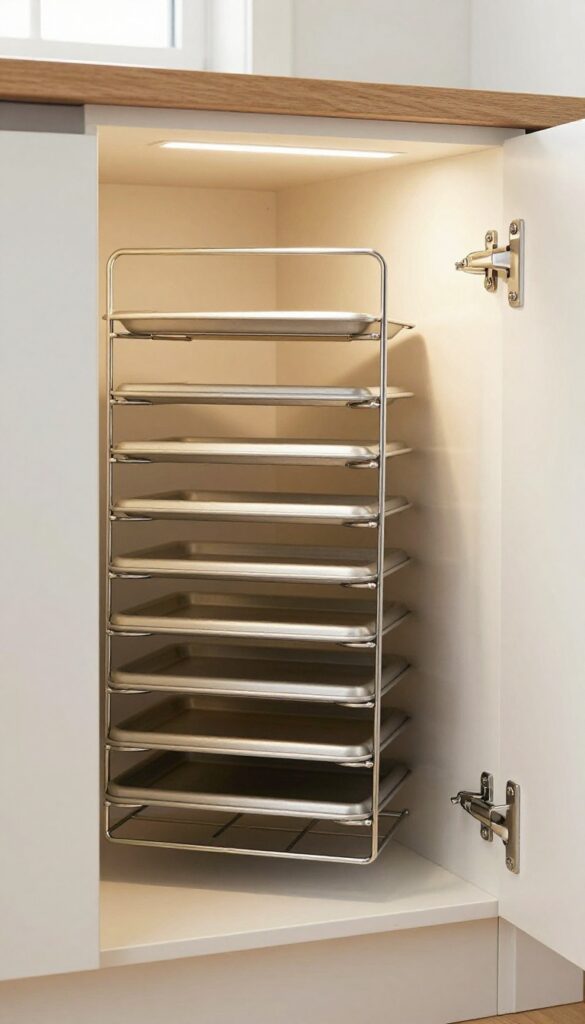 Open kitchen cabinet door with mounted rack holding baking sheets and cutting boards, organized and tidy.