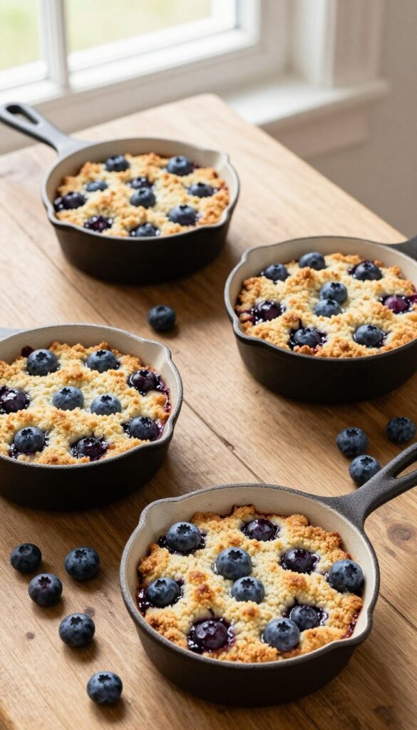 Four mini skillet blueberry cobblers on a wooden table