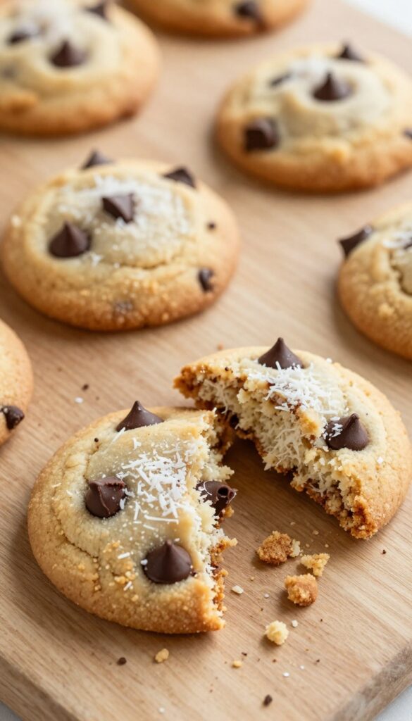 Coconut flour chocolate chip cookies on a wooden board with a light, cake-like crumb and shredded coconut.