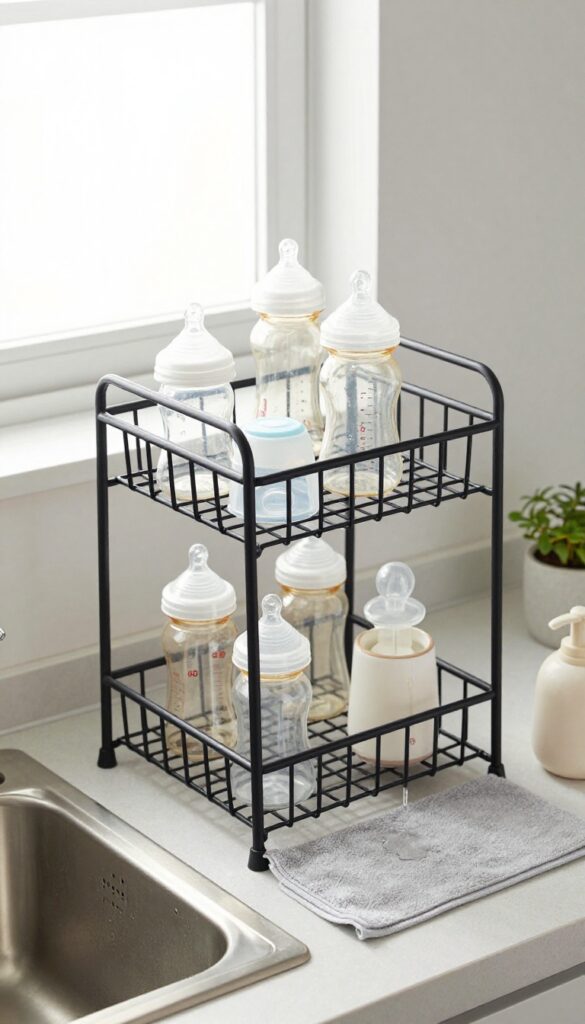 A sleek two-tier bottle drying station on a kitchen counter, styled with a matte black rack, microfiber mat, and subtle decor accents.