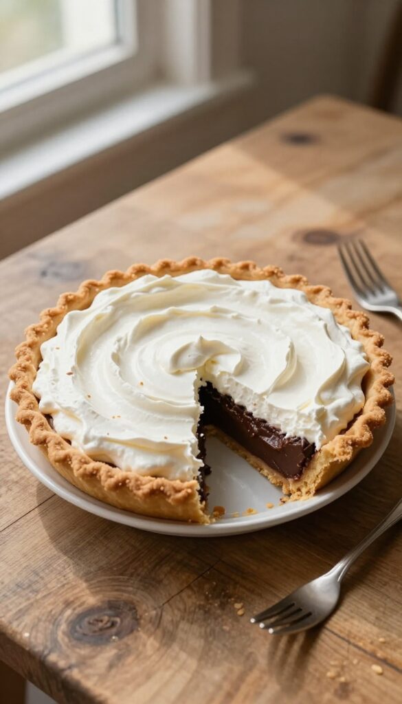 Classic keto chocolate cream pie with almond flour crust, chocolate custard, and whipped cream topping on a wooden table.