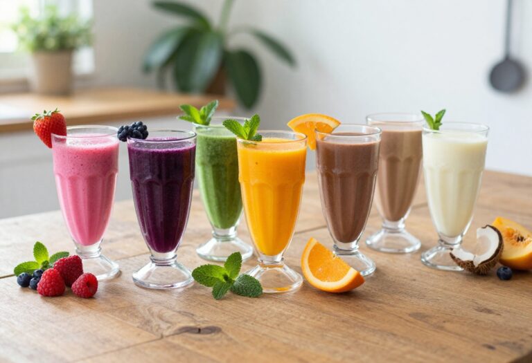 Seven colorful smoothies in glasses on a wooden table, no banana, bright natural light