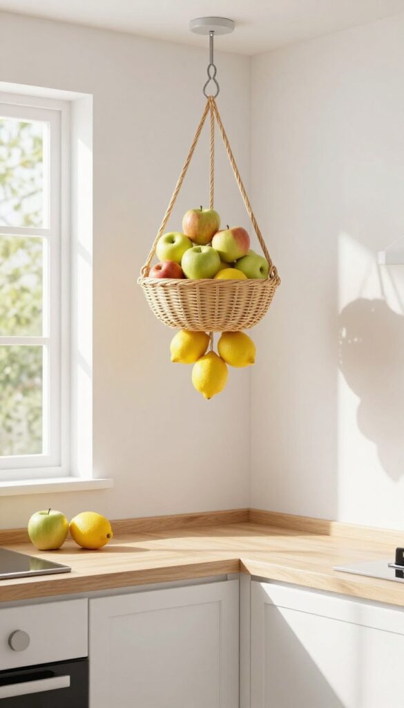 A hanging rattan fruit basket suspended from a ceiling hook in a bright kitchen corner, filled with apples and lemons, near a window with natural light.