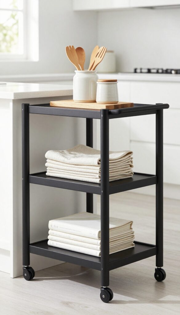 Rolling cart beside kitchen island with storage for cookbooks, utensils, and napkins