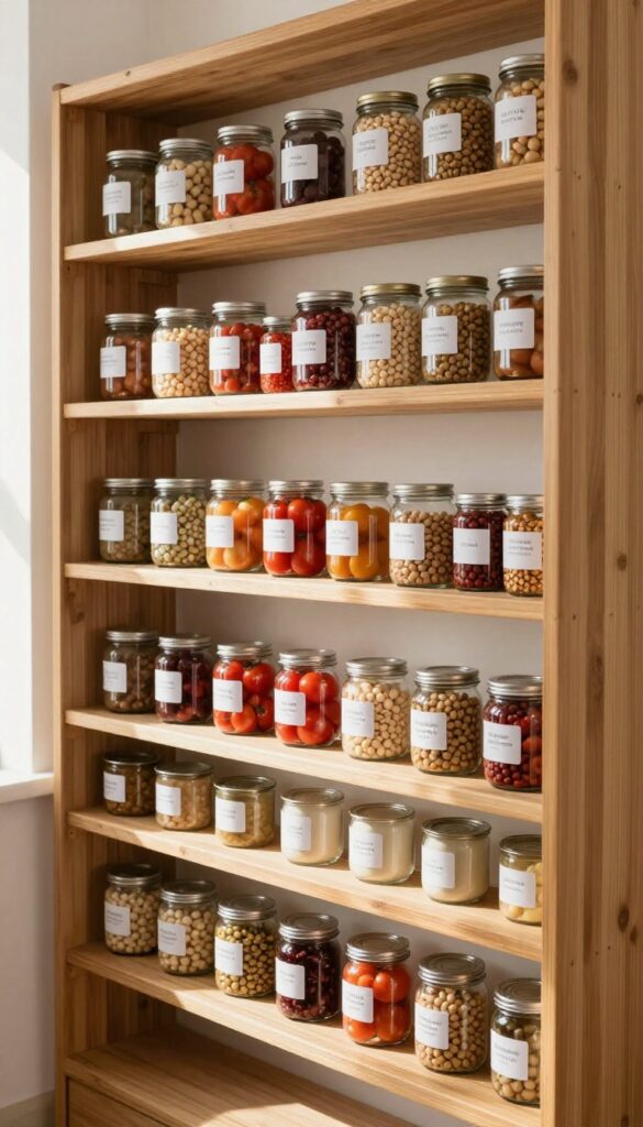 Bamboo tiered shelf risers in a pantry organizing cans and jars with labels visible.