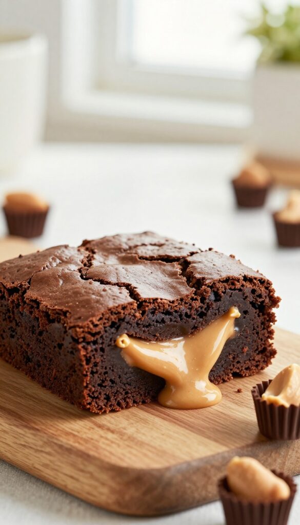 Fudgy brownie cut in half showing a melted peanut butter cup center, on a wooden board with extra peanut butter cups nearby.