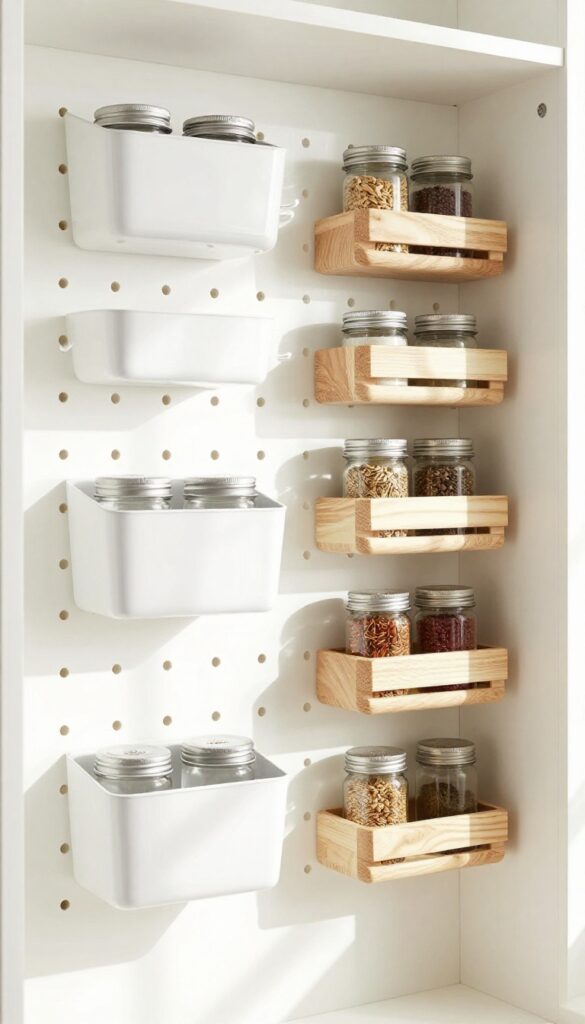 Hanging pegboard with small bins for spice storage in a bright pantry