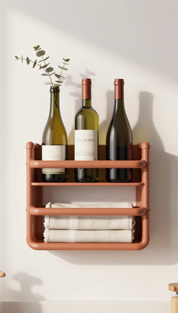 Wall-mounted wine rack made from PVC pipes painted terracotta, holding wine bottles and rolled towels in a small kitchen.