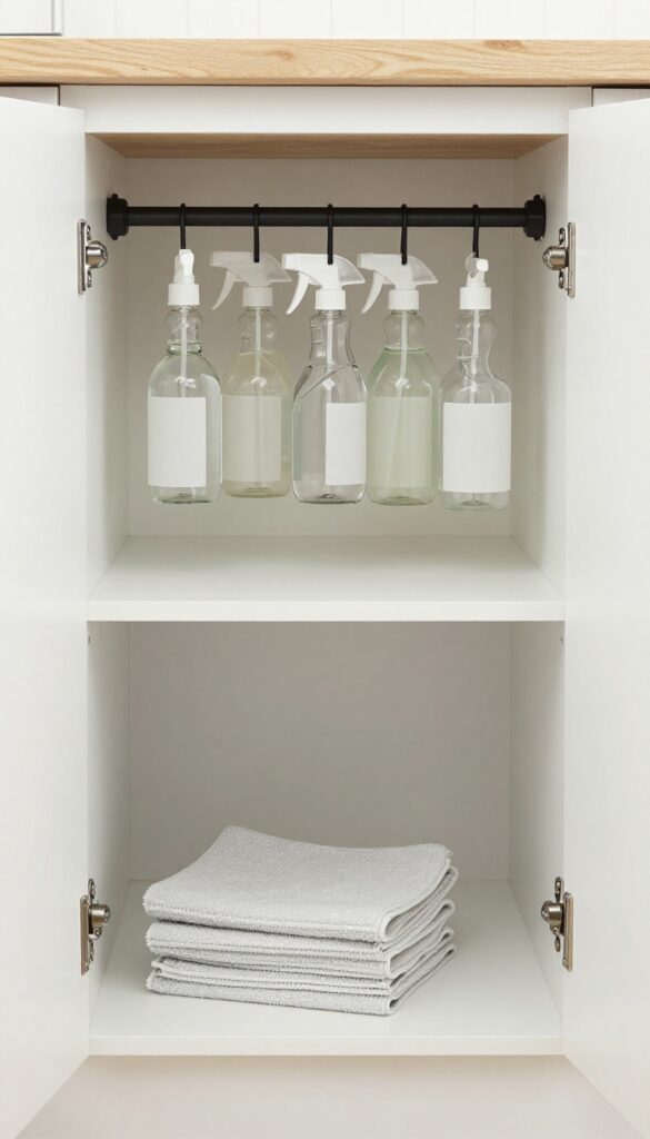 Spray bottles hung on a tension rod under a kitchen sink