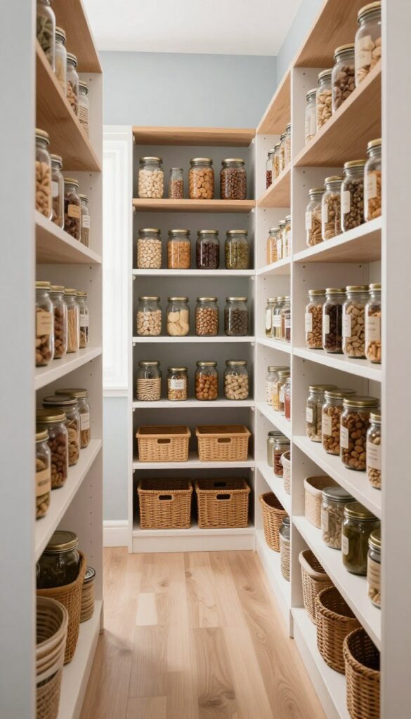 Narrow pantry with light-colored back wall and organized shelves