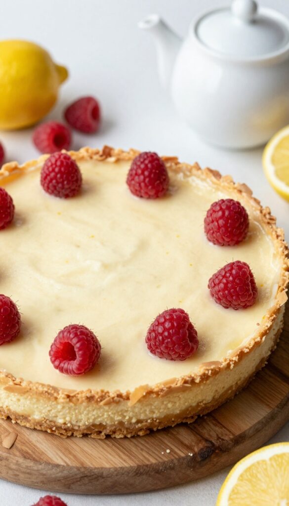Lemon-raspberry cheesecake bar with almond crust on wooden board, garnished with raspberries and lemon slices, next to a cup of tea.