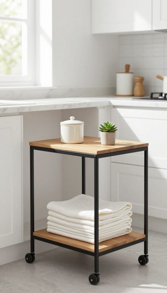 Slim rolling cart with black metal frame and wooden shelves tucked between kitchen counter and island, holding ceramic canister and plant.