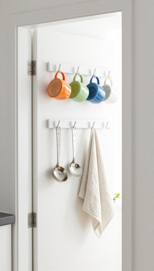 Inside of a kitchen closet door with Command hooks holding mugs and utensils, organized and tidy.