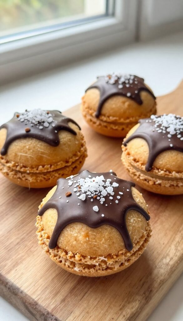 Dark chocolate drizzled coconut macaroons on a wooden board with sea salt flakes.