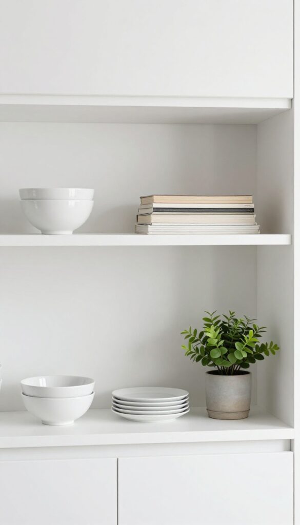 Modern kitchen open shelving with intentional gaps between item clusters for a clean, curated look.