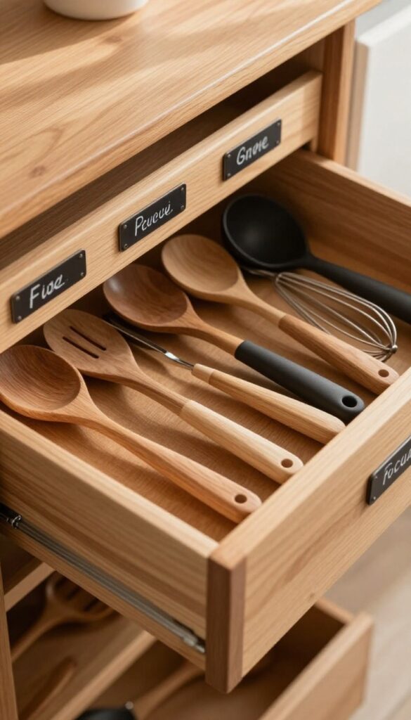 A neatly organized kitchen utensil drawer with labeled wooden compartments, containing spatulas, tongs, ladles, and whisks in warm natural light.