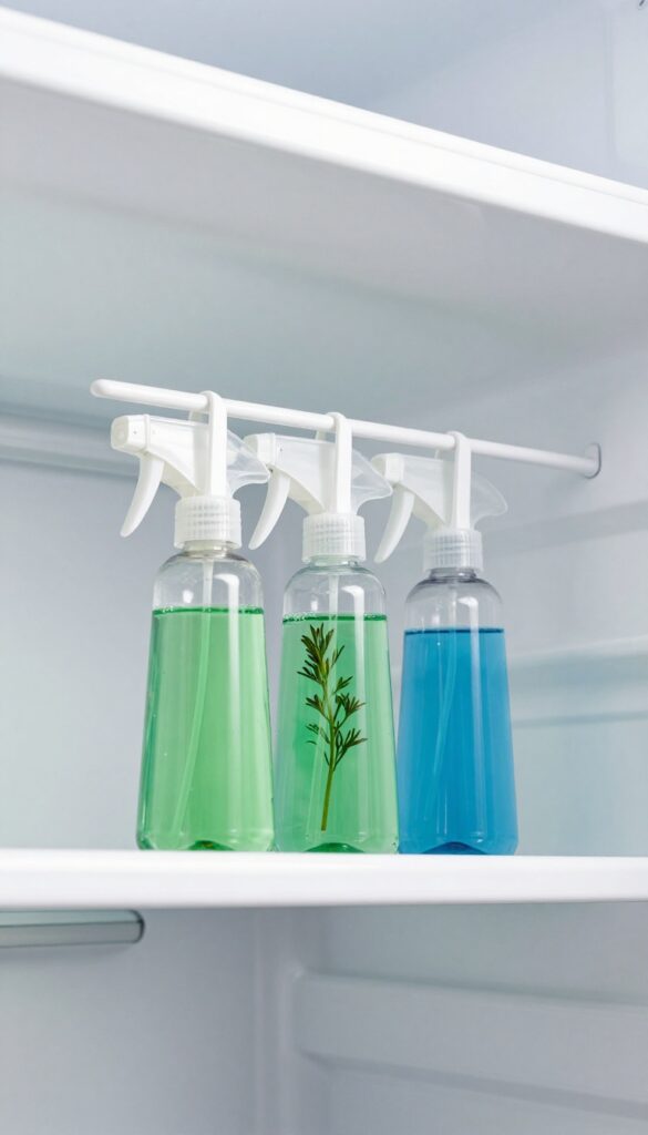 Tension rod under refrigerator shelf holding spray bottles