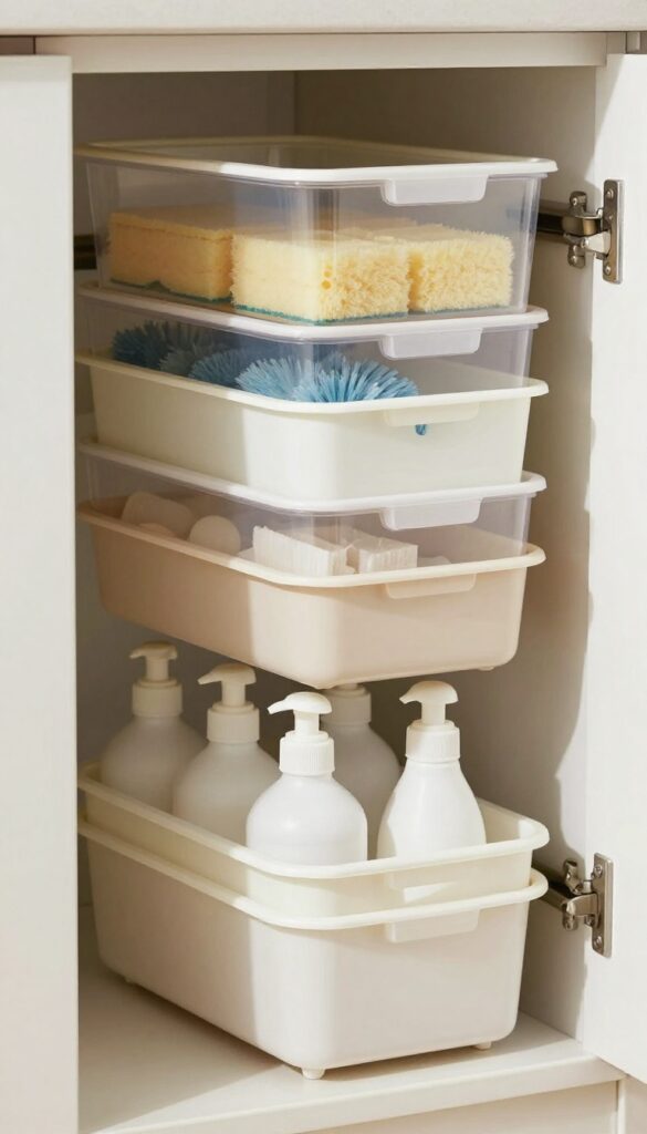 Under the sink with stackable bins for vertical organization