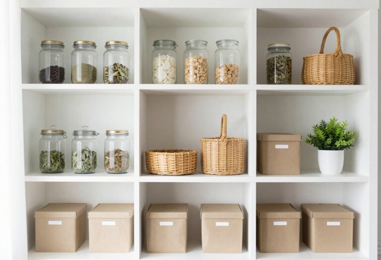 A clean, organized pantry with clear jars and baskets on open shelves, bathed in natural light.