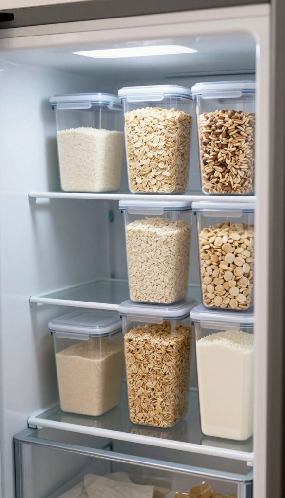 Clear plastic cereal containers filled with oats, rice, and flour lined up on a refrigerator shelf