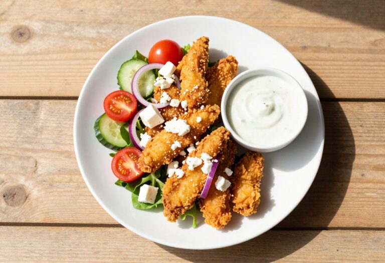 Fried chicken salad on a white plate with fresh vegetables and ranch dressing on the side.