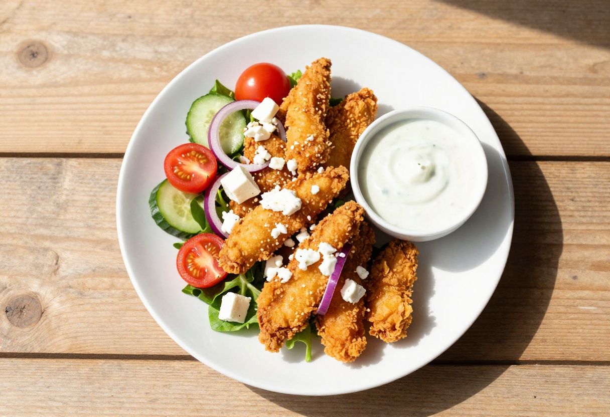 Fried chicken salad on a white plate with fresh vegetables and ranch dressing on the side.