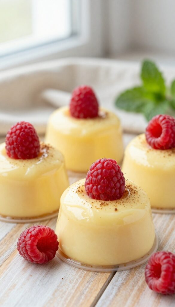Three ramekins of keto vanilla custard topped with raspberries and cinnamon on a wooden table.