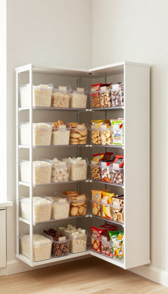 Clear bins with angled labels on pull-out shelves in a corner pantry.