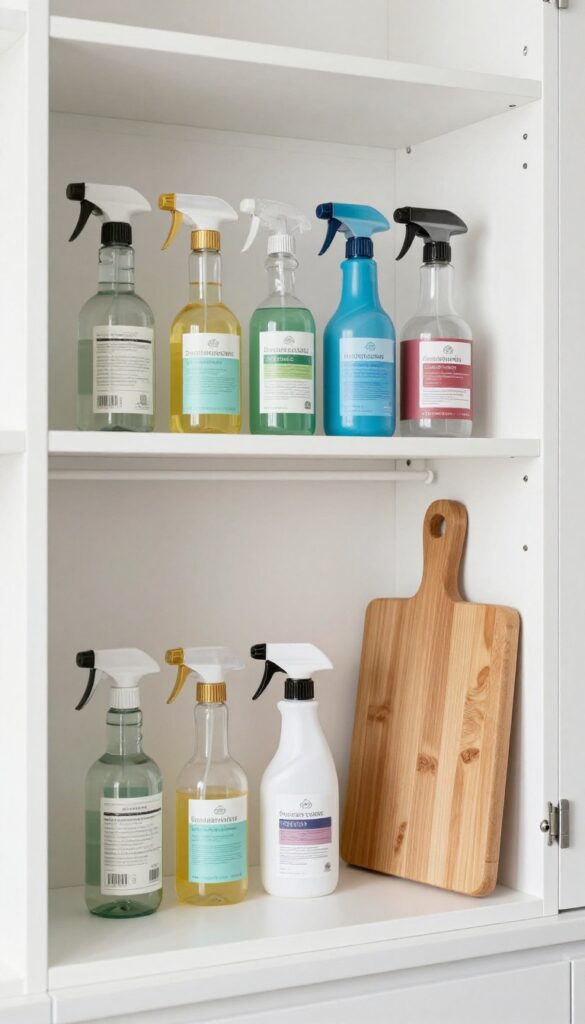 Pantry with tension rod creating vertical storage for spray bottles and cutting boards