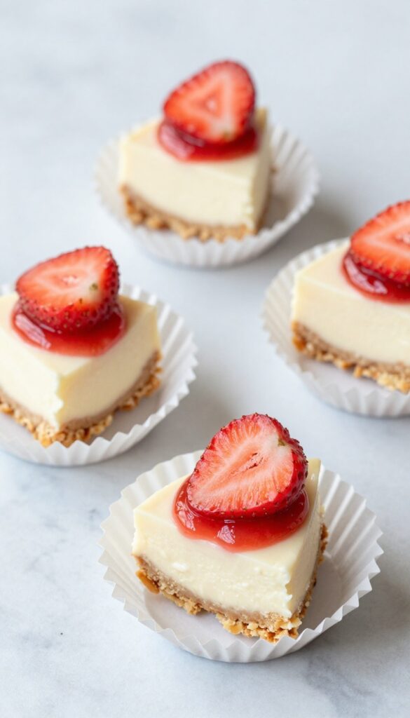 Three strawberry cheesecake bites with almond crust and fresh strawberry topping on marble surface