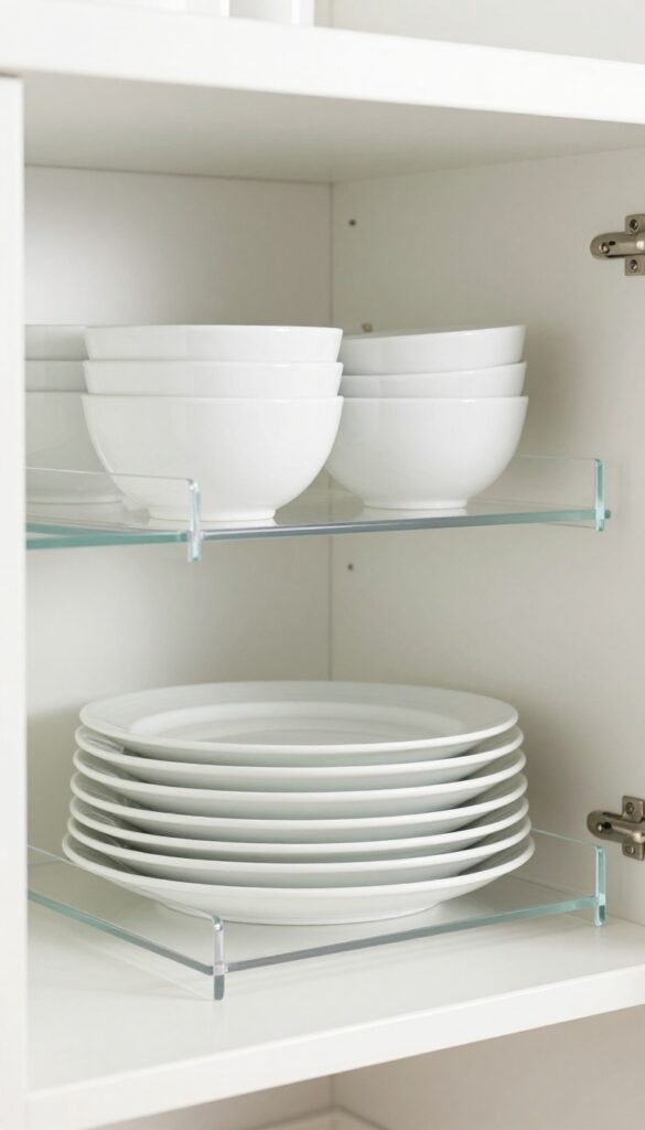 Organized kitchen cabinet with clear acrylic shelf riser holding plates and bowls in two tiers.