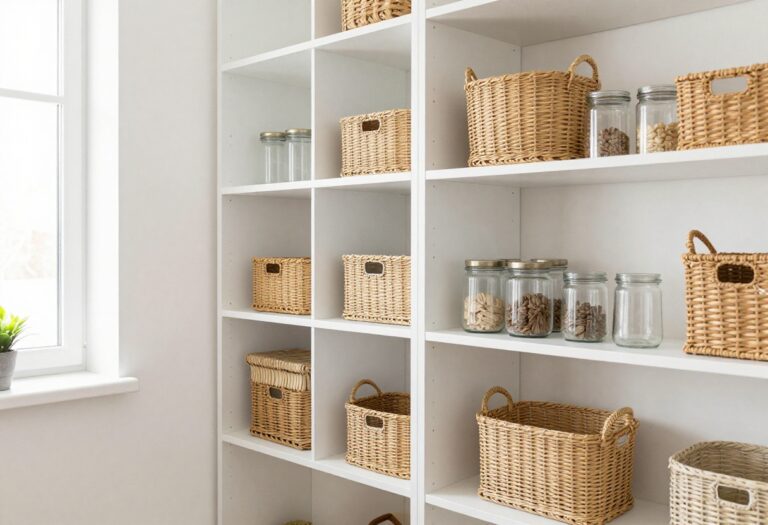 Modern pantry with white wire shelves organized with baskets, jars, and a plant