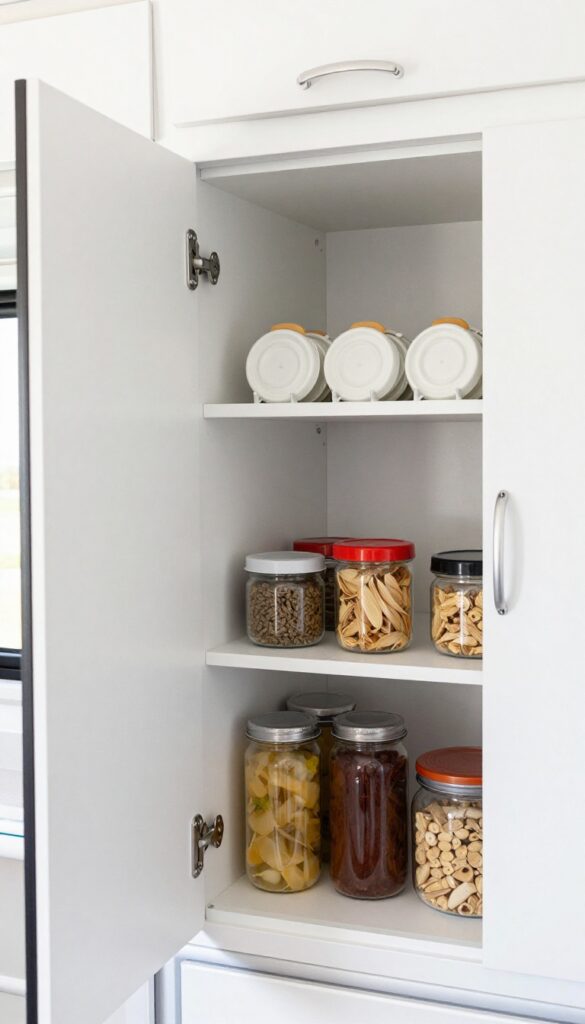 Open cabinet door with adhesive hooks holding pot lids, organized RV kitchen interior