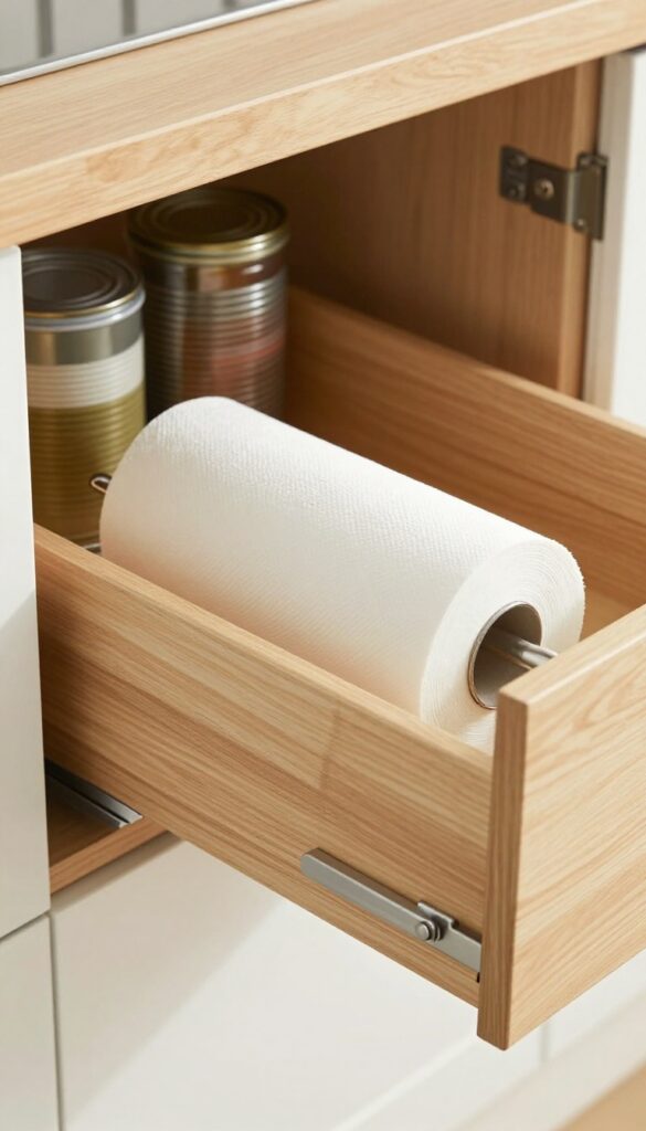 Deep drawer with a mounted paper towel holder inside, showing a roll of paper towels and organized pantry items.