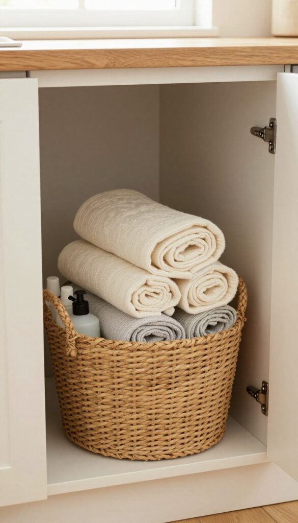Open under-sink cabinet with a woven basket filled with rolled kitchen towels, natural light, organized storage
