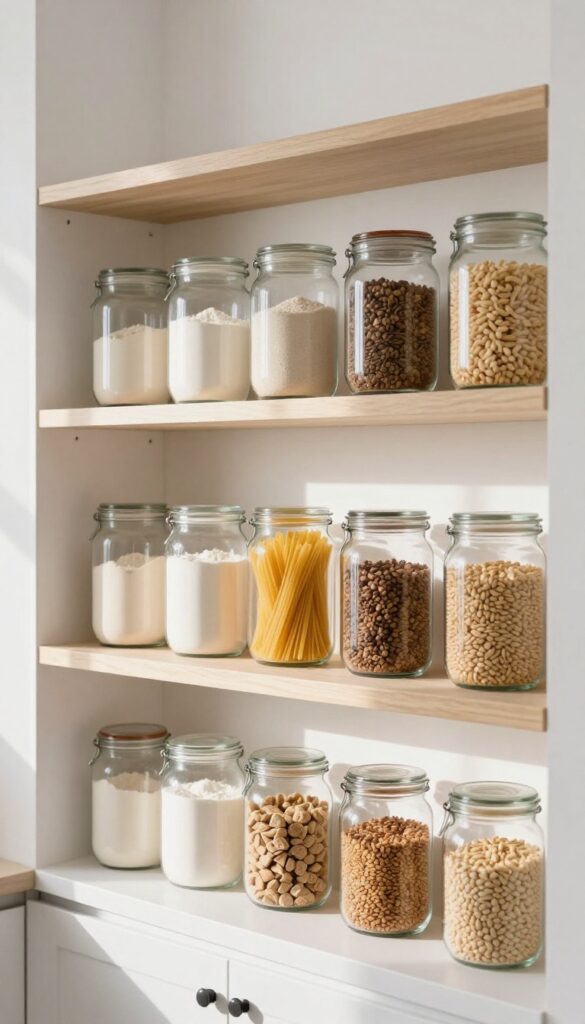 Clear glass jars on open kitchen shelves, filled with pantry staples, in bright natural light, modern minimalist style.
