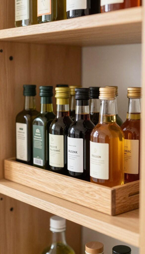 A warm wooden lazy Susan on a pantry shelf filled with neatly organized condiment bottles, with soft natural light and a clean, cozy composition.