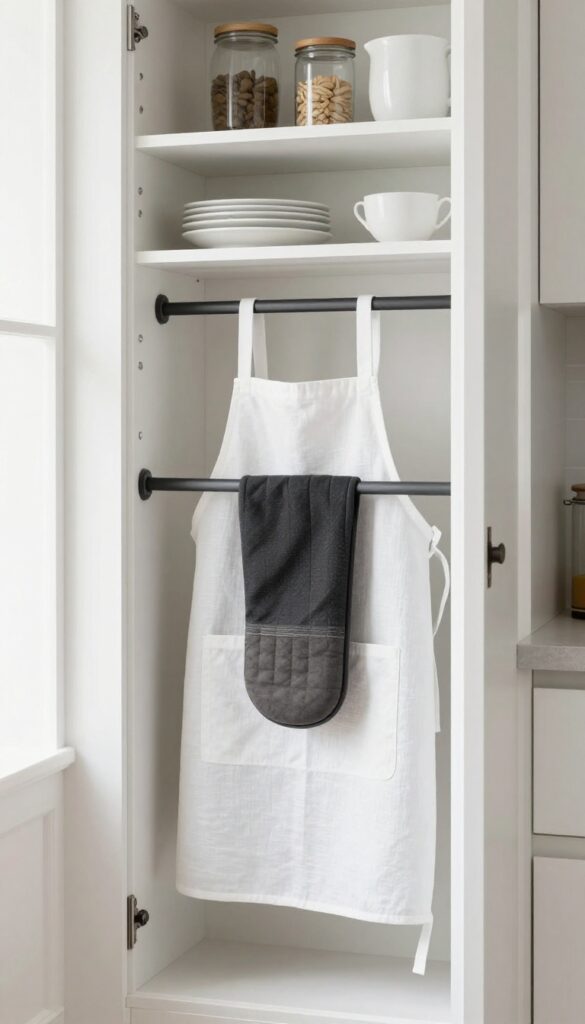 Inside of a pantry door with a matte black towel bar holding a white apron and oven mitt, shelves with organized jars and ceramics, bright natural light.