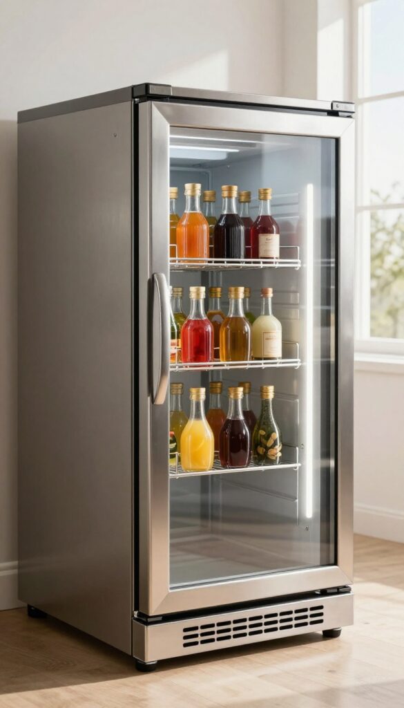 Stainless steel drink fridge with magnetic spice rack holding small bottles of mixers and syrups