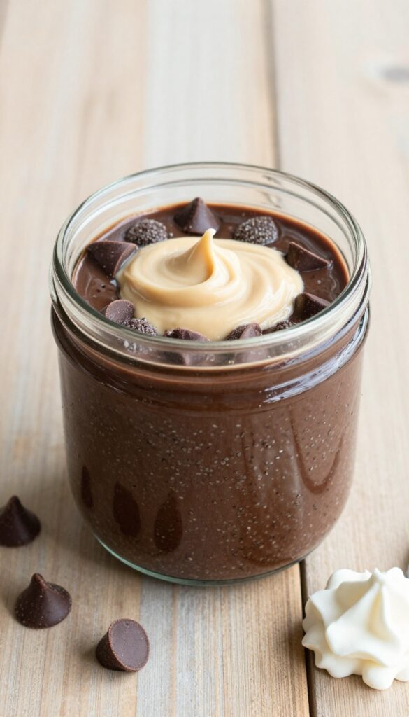 Peanut butter chocolate chia pudding in a glass jar with chocolate chips and whipped cream on a wooden table.