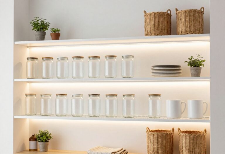Modern pantry with white wire shelves, clear canisters, woven baskets, and warm lighting.