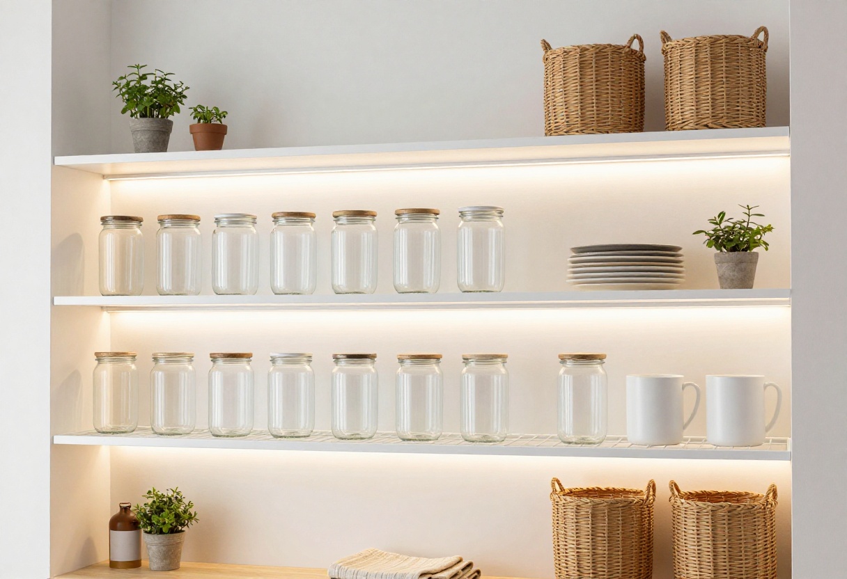 Modern pantry with white wire shelves, clear canisters, woven baskets, and warm lighting.