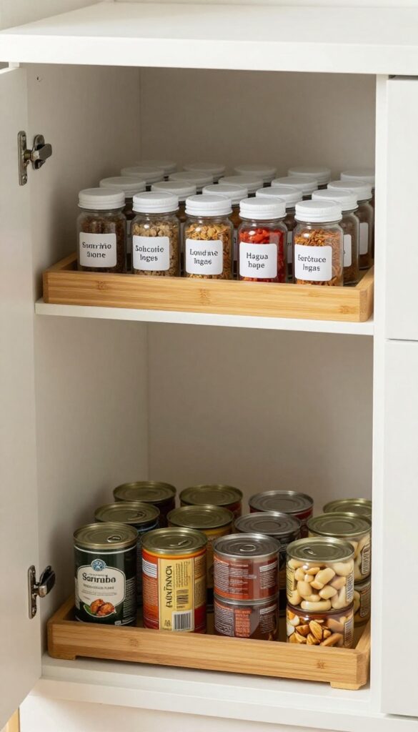 Two-tier lazy Susan in a deep corner pantry cabinet, neatly organized with spice jars and canned goods.