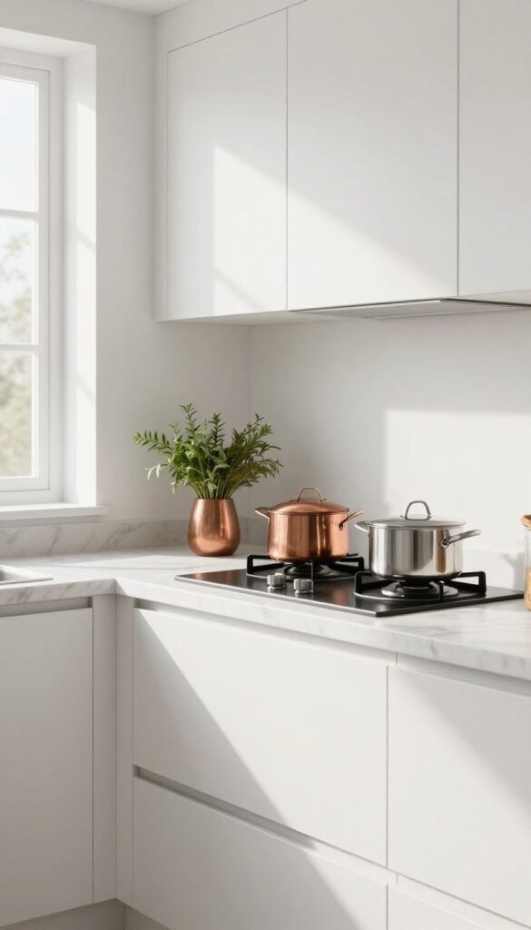Small kitchen with hanging pot rack above island, copper and stainless steel pots, natural light, minimalist design.