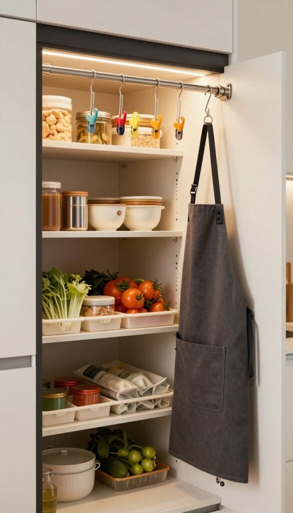 Kitchen pantry door with hanging rod holding clips, bags, and apron