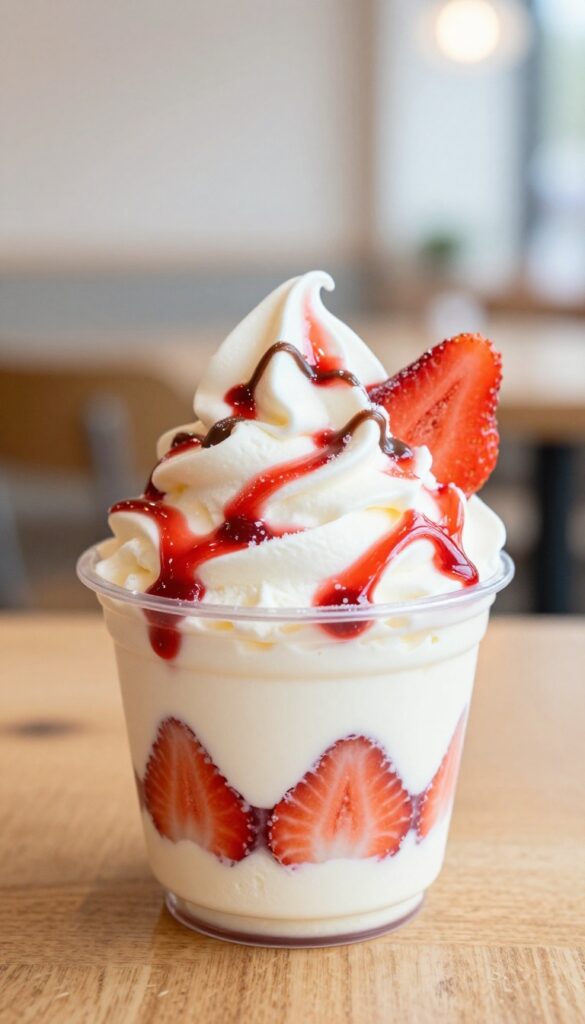Frozen strawberry cheesecake ice cream cup with strawberry puree swirls and chocolate drizzle